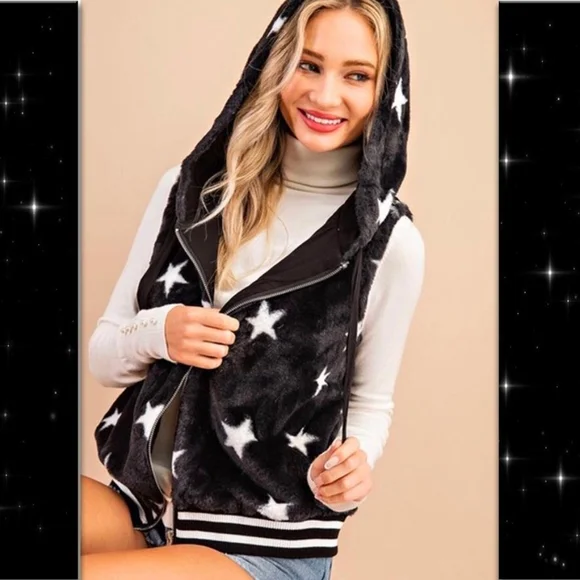 BLACK FAUX FUR STAR PRINT ZIP UP HOODED VEST - Picture 6 of 12